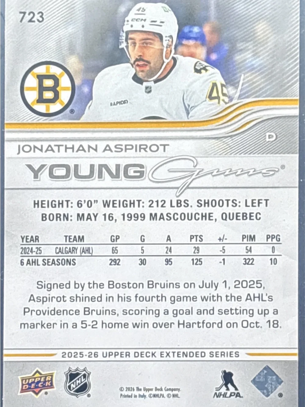 Upper Deck Young Guns Jonathan A. Aspirot Boston Bruins Hockey Trading Card